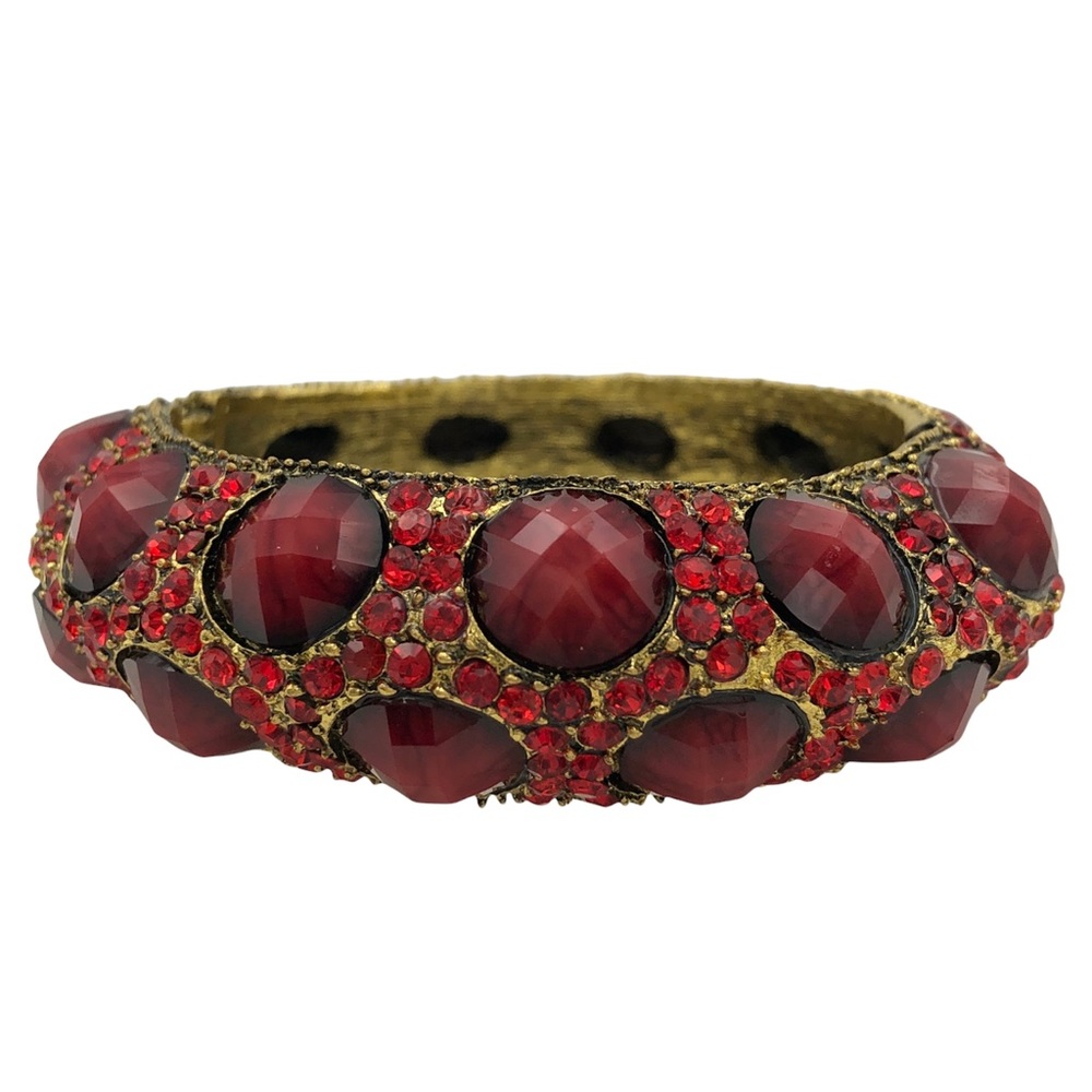 Red Dot Rhinestone Fancy Statement Gold Hinged Bangle Bracelet